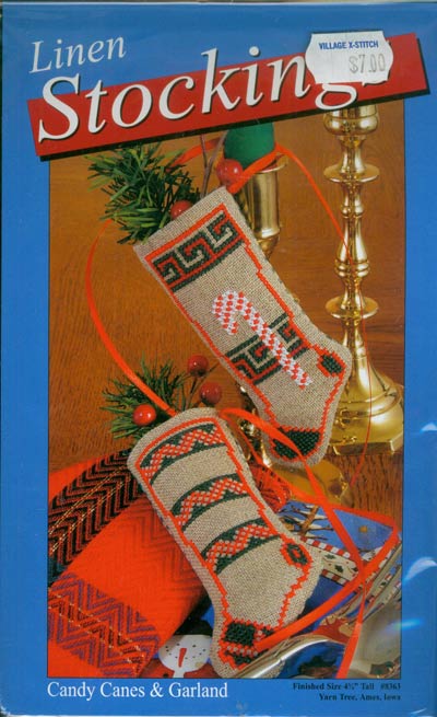 Linen Stocking Candy Canes and Garland Kit Cross Stitch Kit